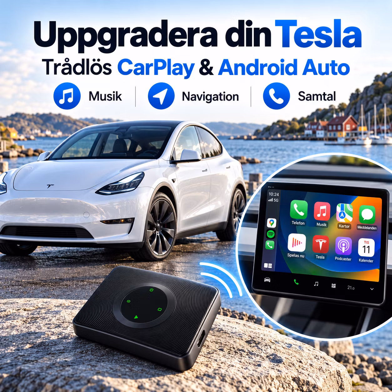 Trådlös CarPlay & Android Auto-box för Tesla Model Y 2019–, Model 3 2020–, Model S/X 2017–2019