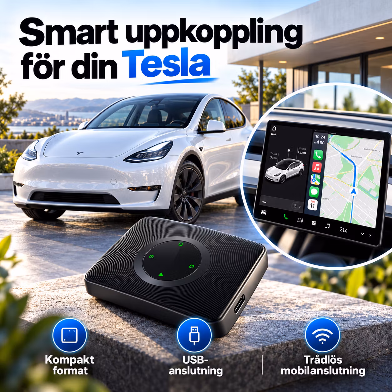 Trådlös CarPlay & Android Auto-box för Tesla Model Y 2019–, Model 3 2020–, Model S/X 2017–2019