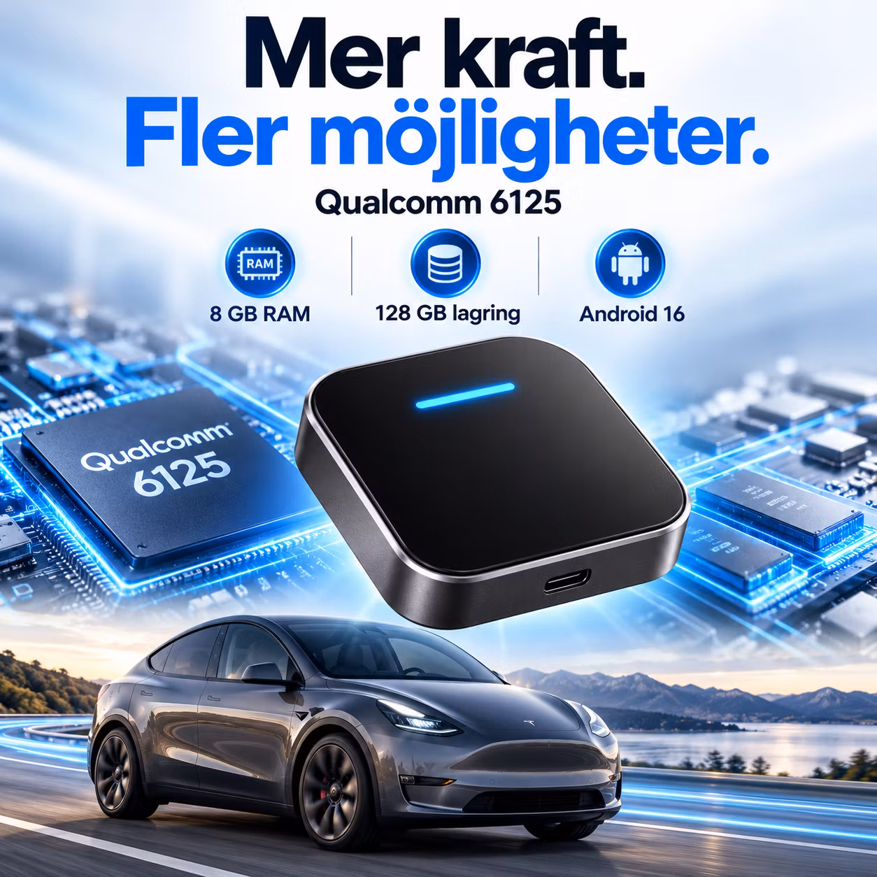 Android AI-box till Tesla med trådlös CarPlay och Android Auto, 8GB RAM, 128GB lagring, Qualcomm 6125, GPS och 4G med eSIM/SIM-stöd.