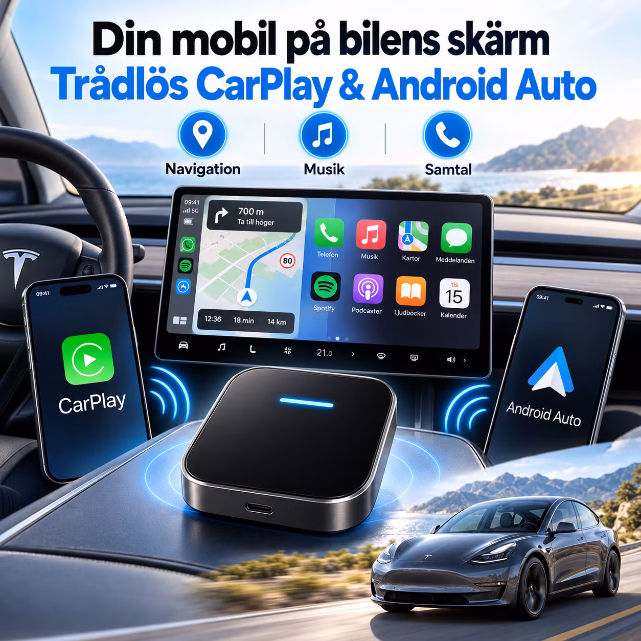 Android AI-box till Tesla med trådlös CarPlay och Android Auto, 8GB RAM, 128GB lagring, Qualcomm 6125, GPS och 4G med eSIM/SIM-stöd.