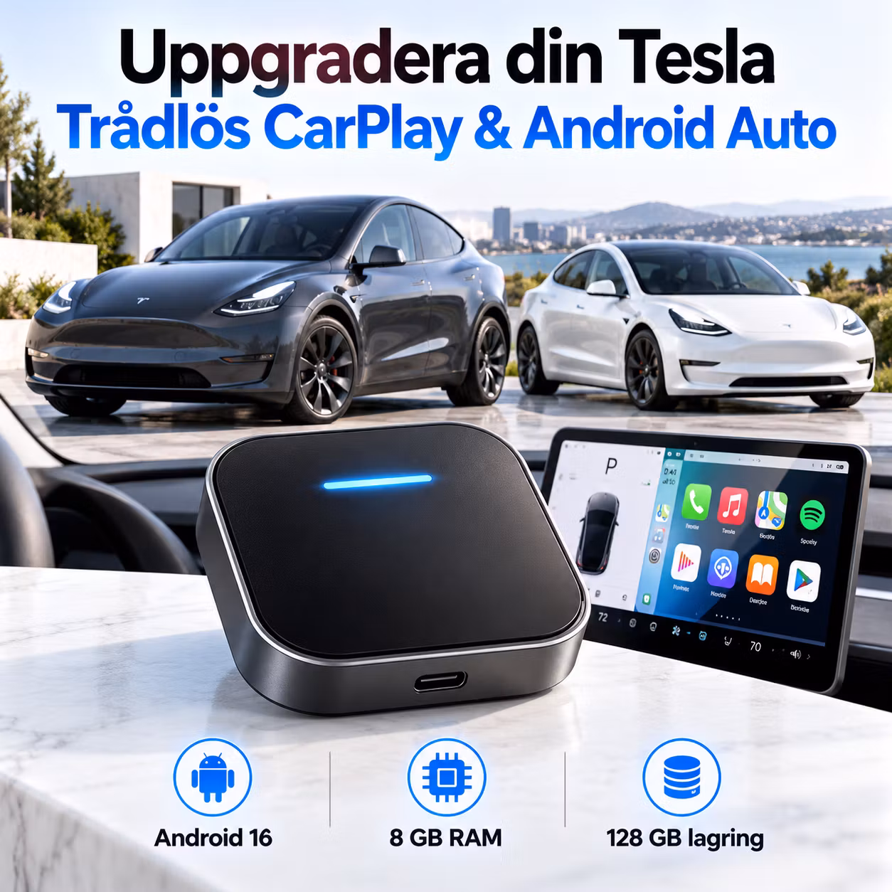 Android AI-box till Tesla med trådlös CarPlay och Android Auto, 8GB RAM, 128GB lagring, Qualcomm 6125, GPS och 4G med eSIM/SIM-stöd.