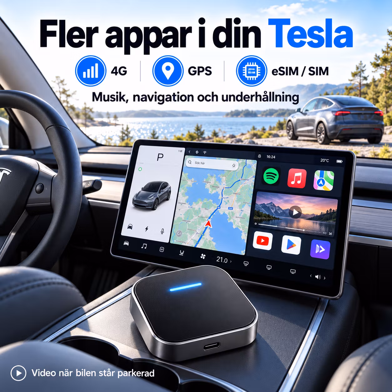 Android AI-box till Tesla med trådlös CarPlay och Android Auto, 8GB RAM, 128GB lagring, Qualcomm 6125, GPS och 4G med eSIM/SIM-stöd.