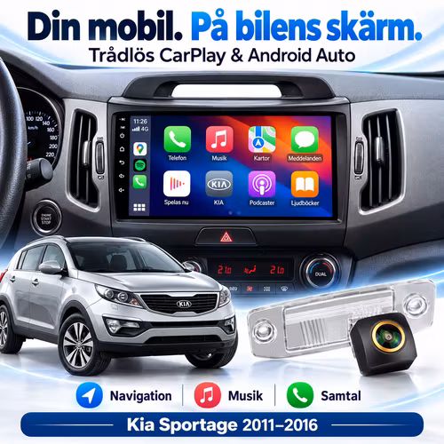 9" Android 15 Bilstereo Kia Sportage 2011–2016 – Qualcomm Snapdragon, 6+128GB, 4G, CarPlay & Android Auto + Gratis backkamera