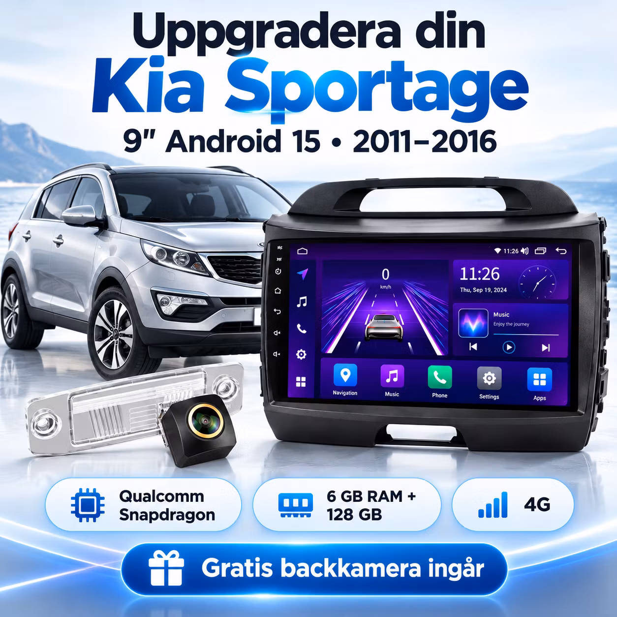 9" Android 15 Bilstereo Kia Sportage 2011–2016 – Qualcomm Snapdragon, 6+128GB, 4G, CarPlay & Android Auto + Gratis backkamera