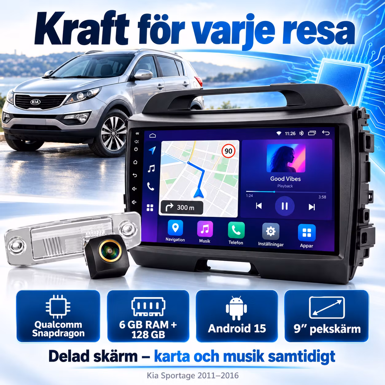 9" Android 15 Bilstereo Kia Sportage 2011–2016 – Qualcomm Snapdragon, 6+128GB, 4G, CarPlay & Android Auto + Gratis backkamera