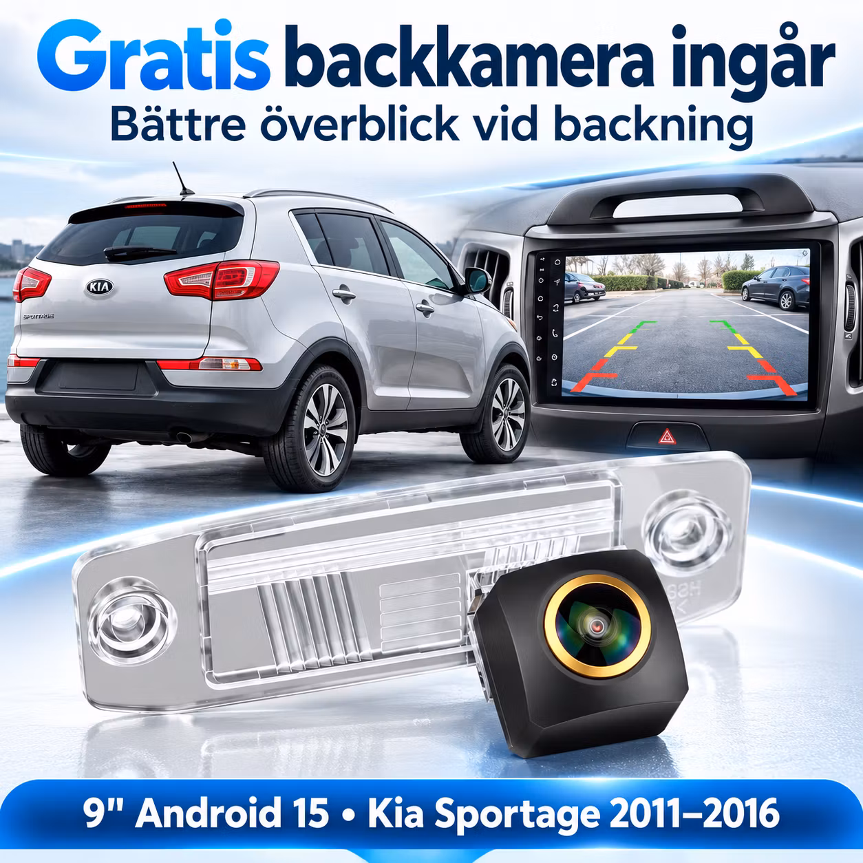 9" Android 15 Bilstereo Kia Sportage 2011–2016 – Qualcomm Snapdragon, 6+128GB, 4G, CarPlay & Android Auto + Gratis backkamera