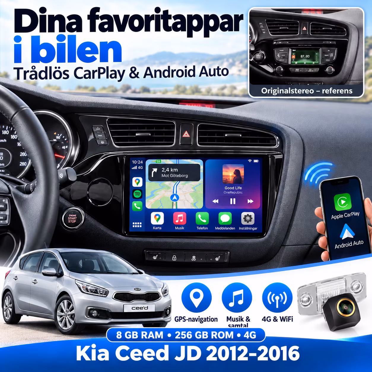 9" QLED Android 15 Bilstereo Kia Ceed JD 2012–2016 – Snapdragon, 8GB/256GB, 4G, GPS, Trådlös CarPlay & Android Auto + Gratis Backkamera