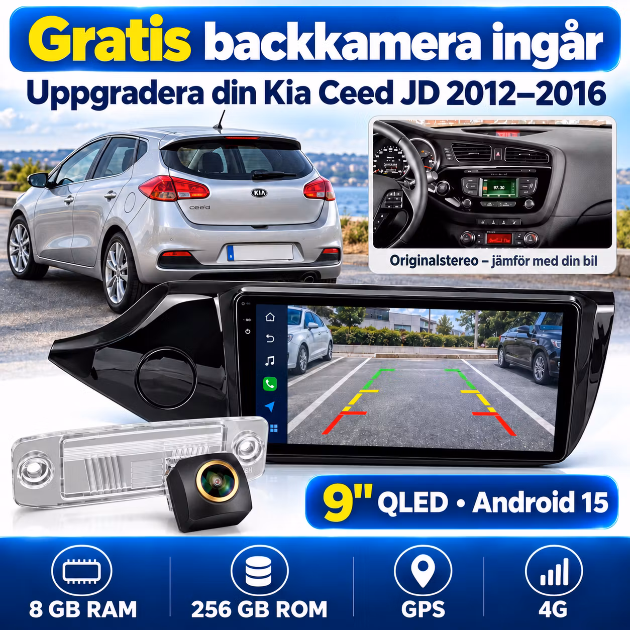 9" QLED Android 15 Bilstereo Kia Ceed JD 2012–2016 – Snapdragon, 8GB/256GB, 4G, GPS, Trådlös CarPlay & Android Auto + Gratis Backkamera