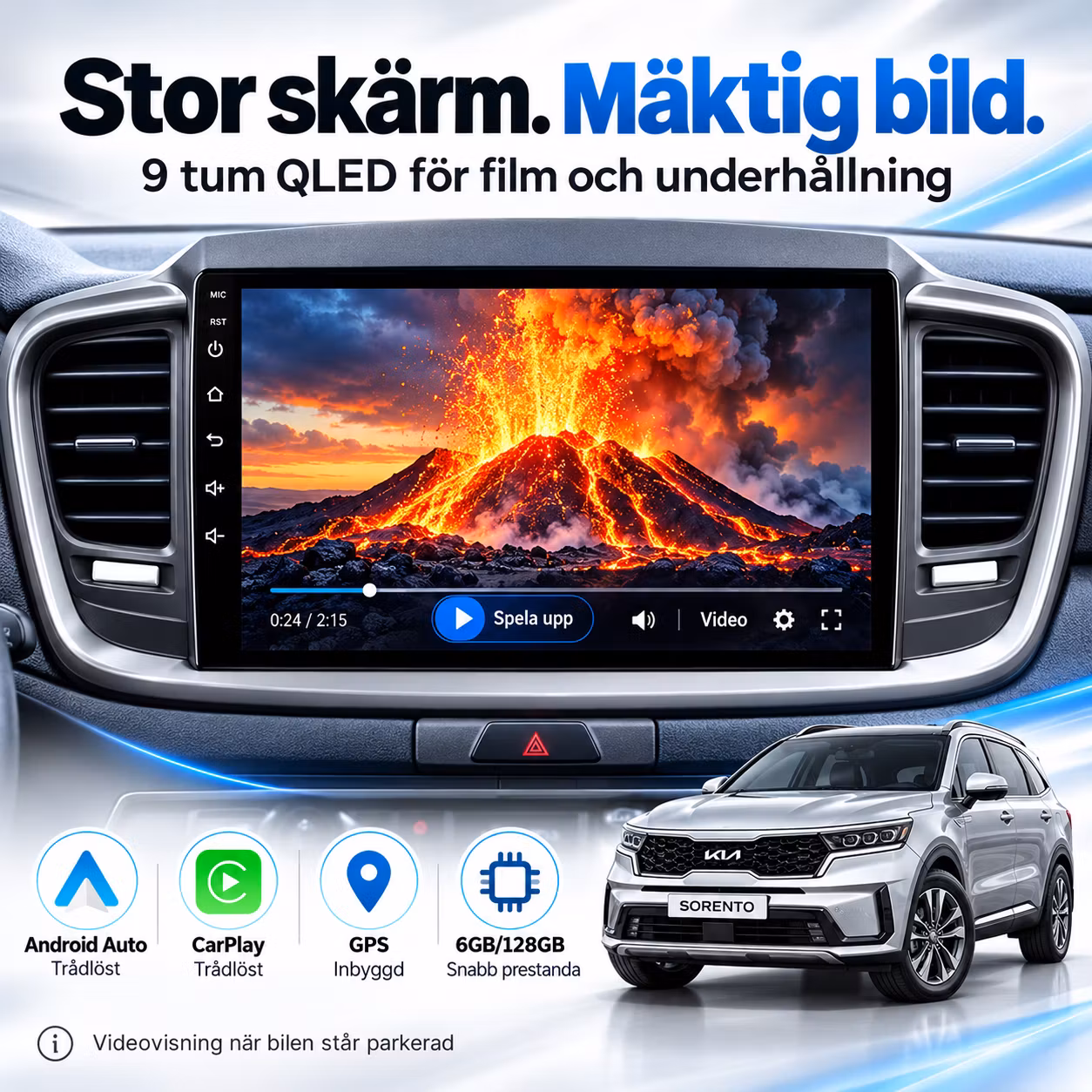 9" QLED Android 15 Bilstereo Kia Sorento – Snapdragon, 6GB/128GB, 4G, GPS, Trådlös CarPlay & Android Auto + Gratis Backkamera