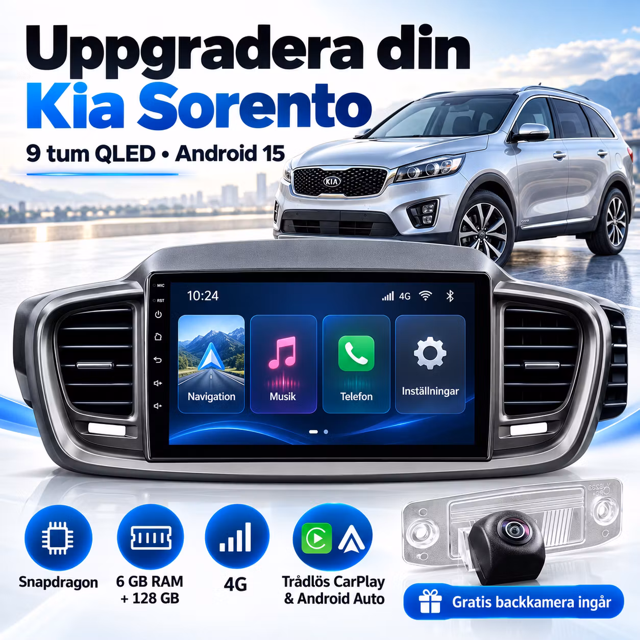 9" QLED Android 15 Bilstereo Kia Sorento – Snapdragon, 6GB/128GB, 4G, GPS, Trådlös CarPlay & Android Auto + Gratis Backkamera