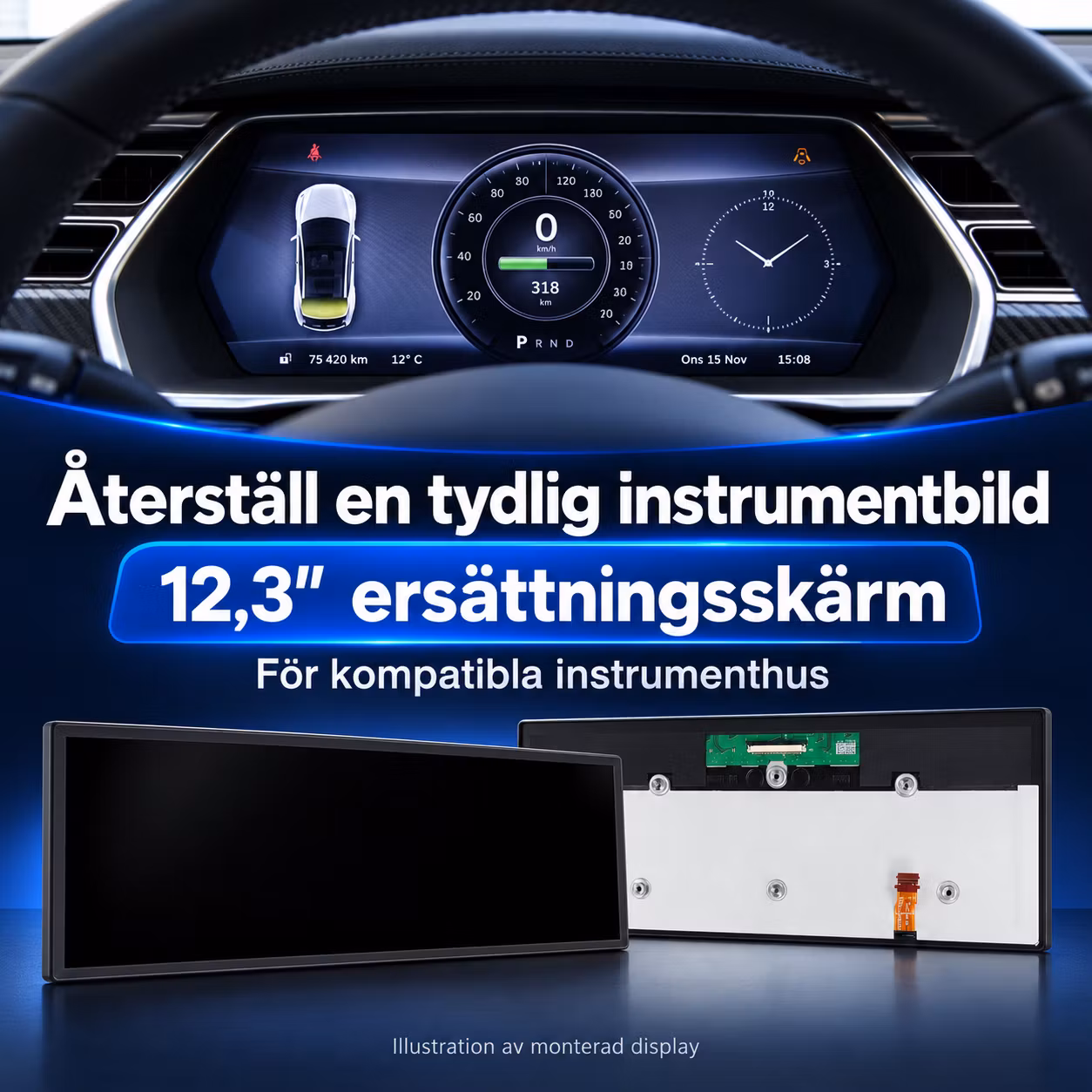 12,3" LCD-skärm till Tesla Model S & Model X – Instrumentdisplay, ersättningspanel 1004788-00-D