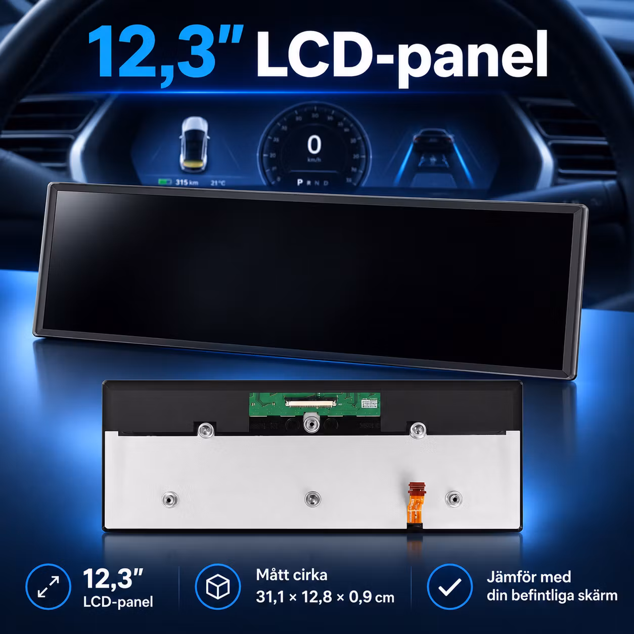 12,3" LCD-skärm till Tesla Model S & Model X – Instrumentdisplay, ersättningspanel 1004788-00-D