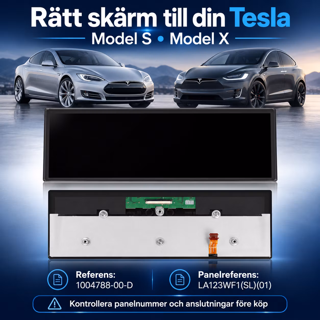 12,3" LCD-skärm till Tesla Model S & Model X – Instrumentdisplay, ersättningspanel 1004788-00-D