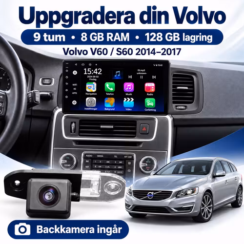 9" Android 14 Bilstereo Volvo V60 / S60 2014–2017 | 8GB RAM + 128GB ROM, 4G LTE, CarPlay, Android Auto, GPS, DSP + Gratis Backkamera