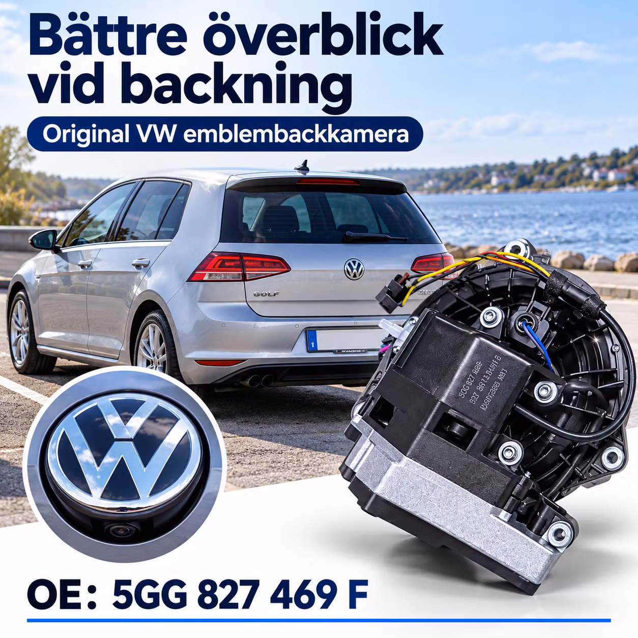 VW Golf 7 Emblembackkamera 5GG827469F – Komplett set med inbyggd kamera, VW-emblem och fällmekanism