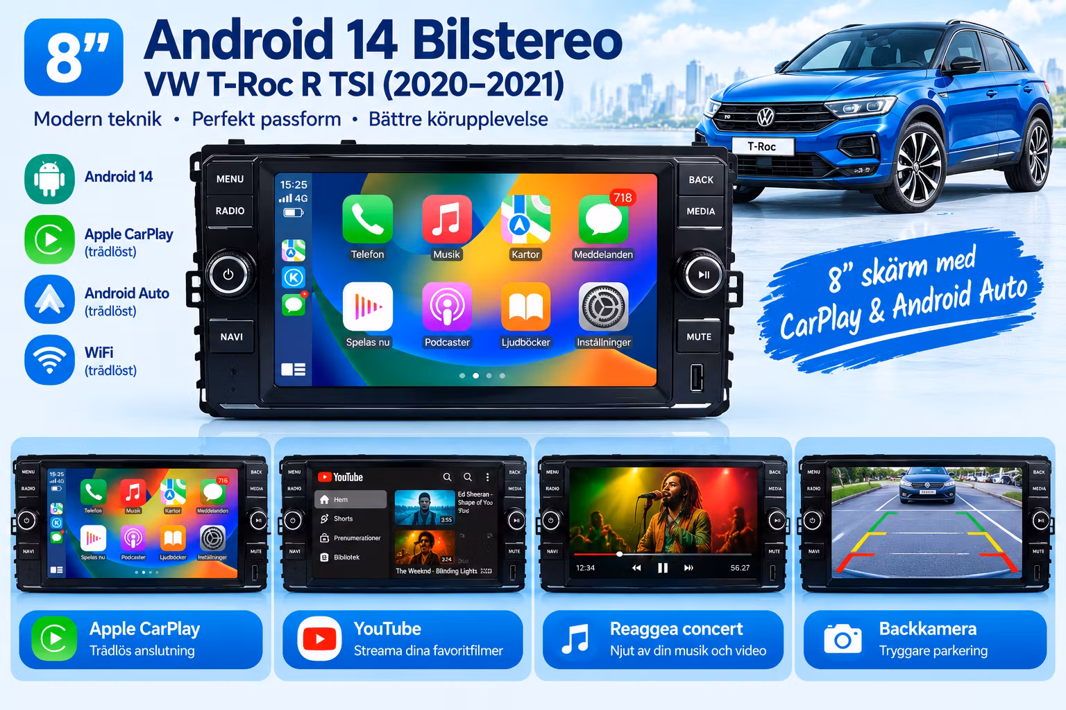8" Android 14 Bilstereo VW T-Roc R TSI 2020–2021 – GPS, CarPlay, Android Auto, 4G LTE, 6+128GB