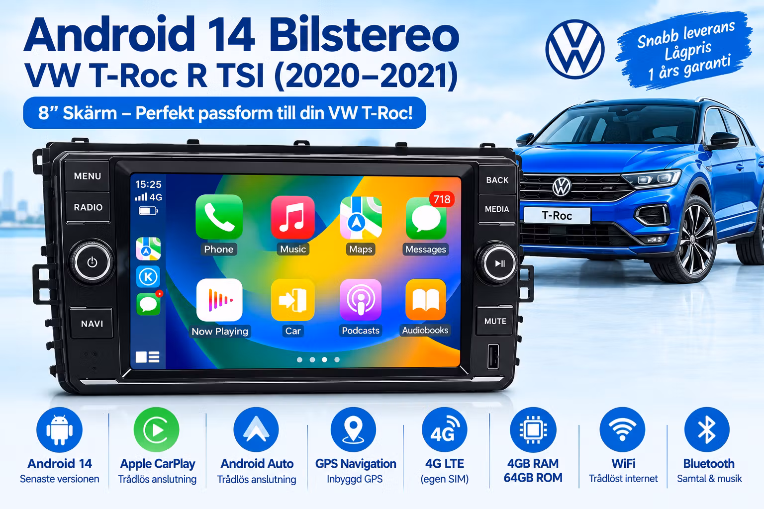 8" Android 14 Bilstereo VW T-Roc R TSI 2020–2021 – GPS, CarPlay, Android Auto, 4G LTE, 6+128GB