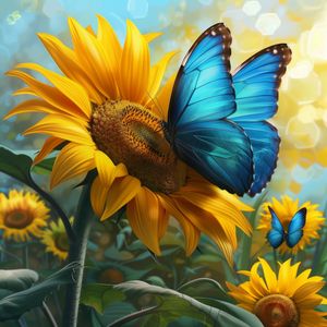 Blå sommerfugl i solsikke med krystallperler © Digitalpng4u