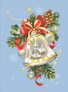 Korssting juleklokke på lyseblå bunn 21x29
