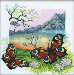 Broderi kit korssting bilde, sommerfugler i landskap 30x30 cm