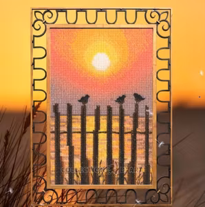 Broderi kit korssting bilde, solnedgang siluetter 9,5x14 cm