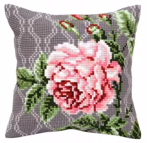Broderi kit korssting bilde eller pute front, rosa rose 40x40 cm