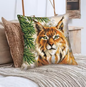 Broderi kit korssting bilde eller pute front, gaupe og grankvist 40x40 cm