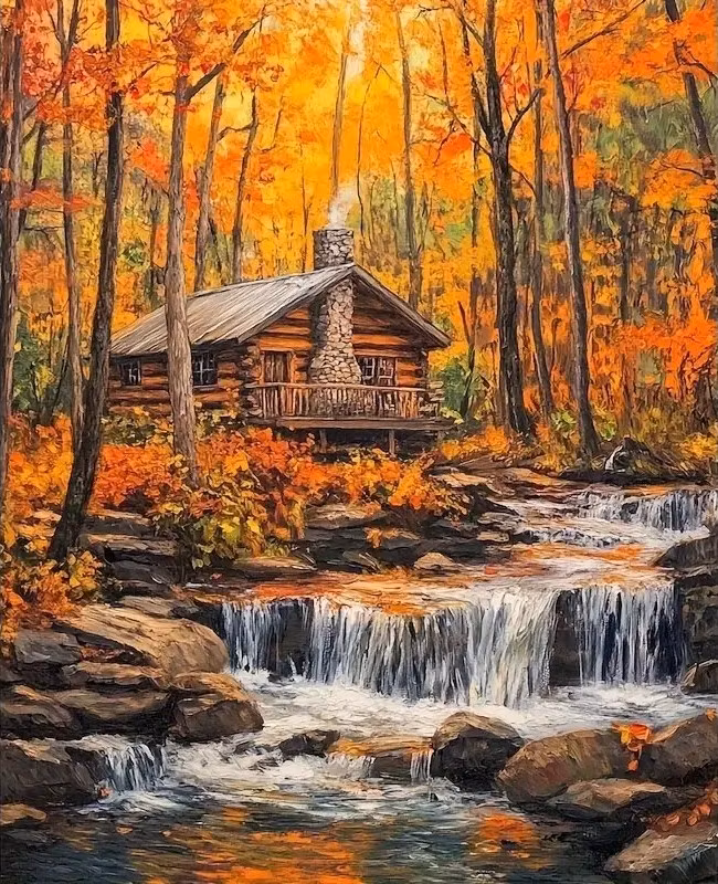 Mal etter nummer hytte i høstskogen 40,64x50,8 cm