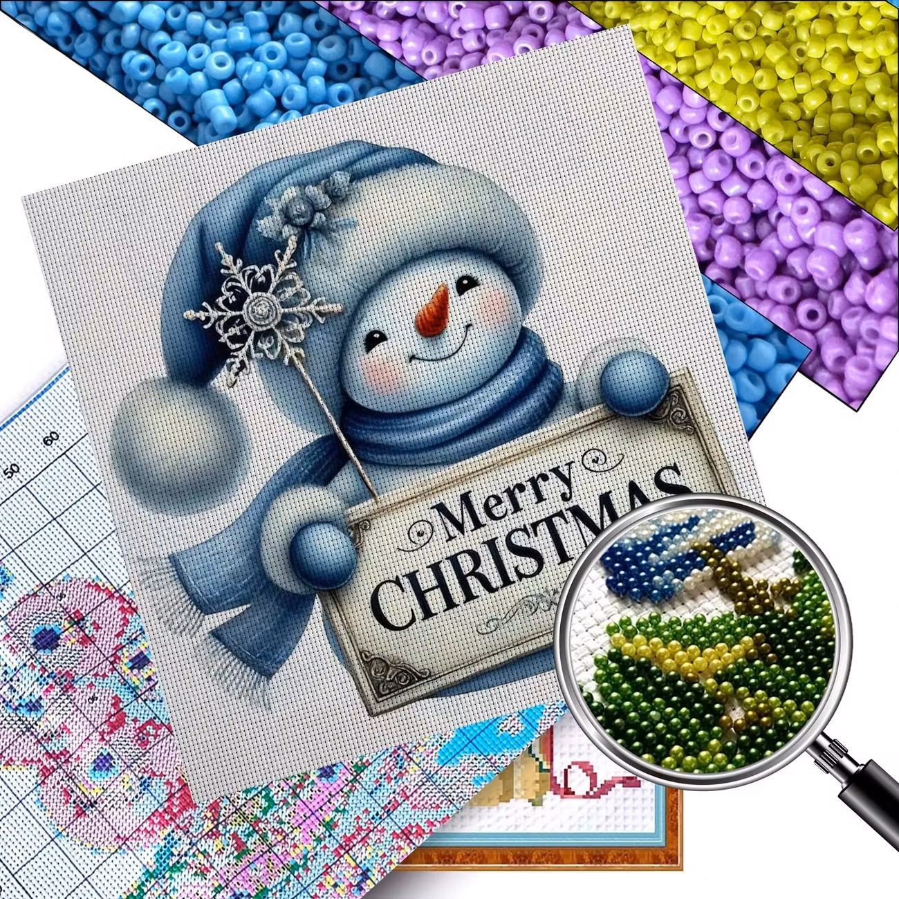 Broderi kit med perler 30x30 snømann