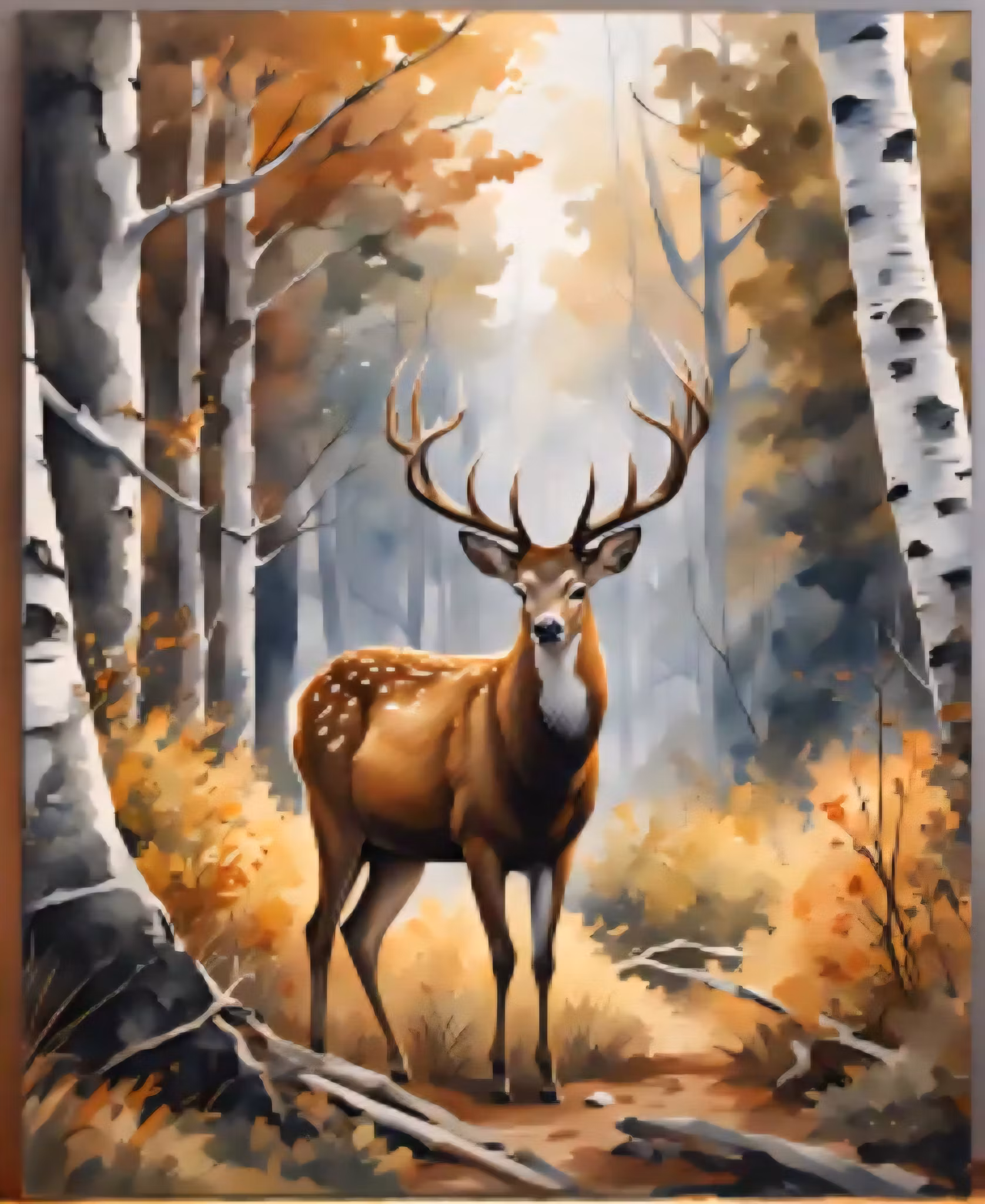 Mal etter nummer hjort i bjørkeskog ca 40x50 cm