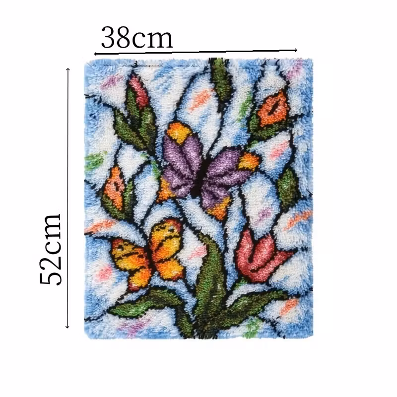 Knyteteppe Sommerfugler og blomster med bakstykke 52x38 cm