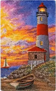 Knyteteppe fyrtårn i solnedgang med bakstykke 52x38 cm