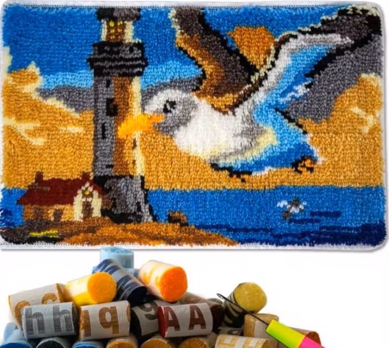 Knyteteppe måke og fyrtårn med bakstykke 52x38 cm