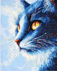 Knyteteppe katt i blått med bakstykke 52x38 cm