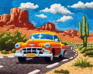 Knyteteppe gammel bil med bakstykke 52x38 cm