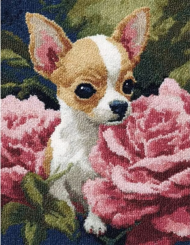 Knyteteppe en liten søtnos og rosa blomsrer 52x38 cm