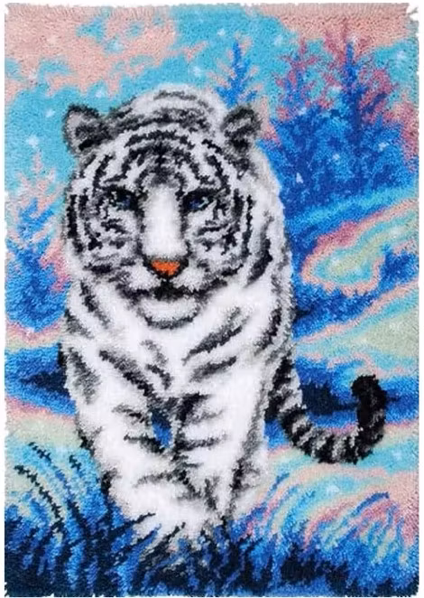 Knyteteppe hvit tiger i pastell med bakstykke 52x35 cm
