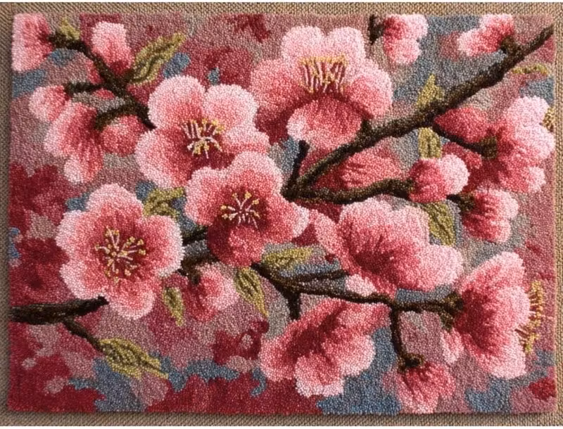 Knyteteppe rosa blomstergrein med bakstykke 52x38 cm
