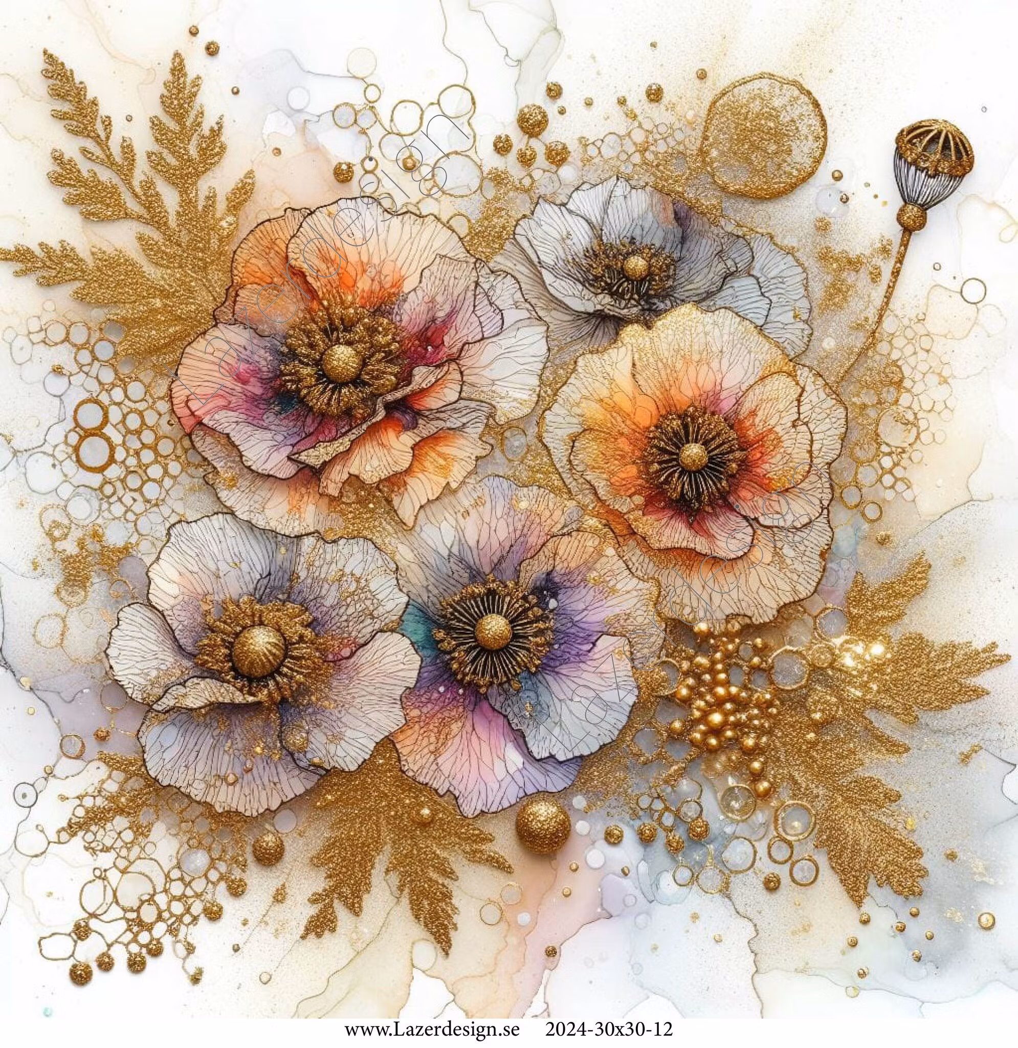 2024-30x30-12 Watercolor Blommor i guld