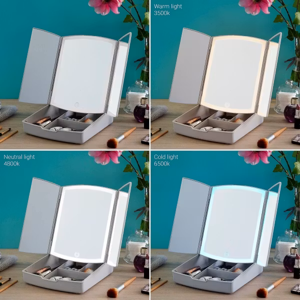 3-i-1 Fällbar LED-spegel med Sminkorganisator Panomir InnovaGoods – Funktion och Elegans i Ett