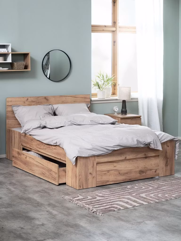 LIMFJORDEN Sängram 160×200 med 3 Förvaringslådor – Vit & EkfärgadDesign