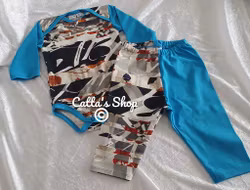 Ekologisk babybody med tights/byxa – mellanblå & digitalt mönster