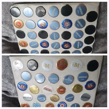 Unikt grytunderlägg i kapsylmosaik