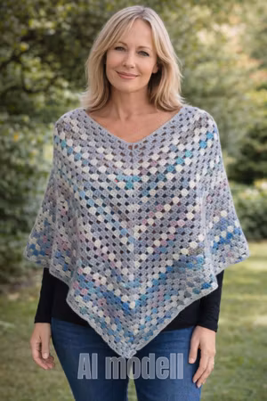 Grå/blå Poncho i 100% Akryl