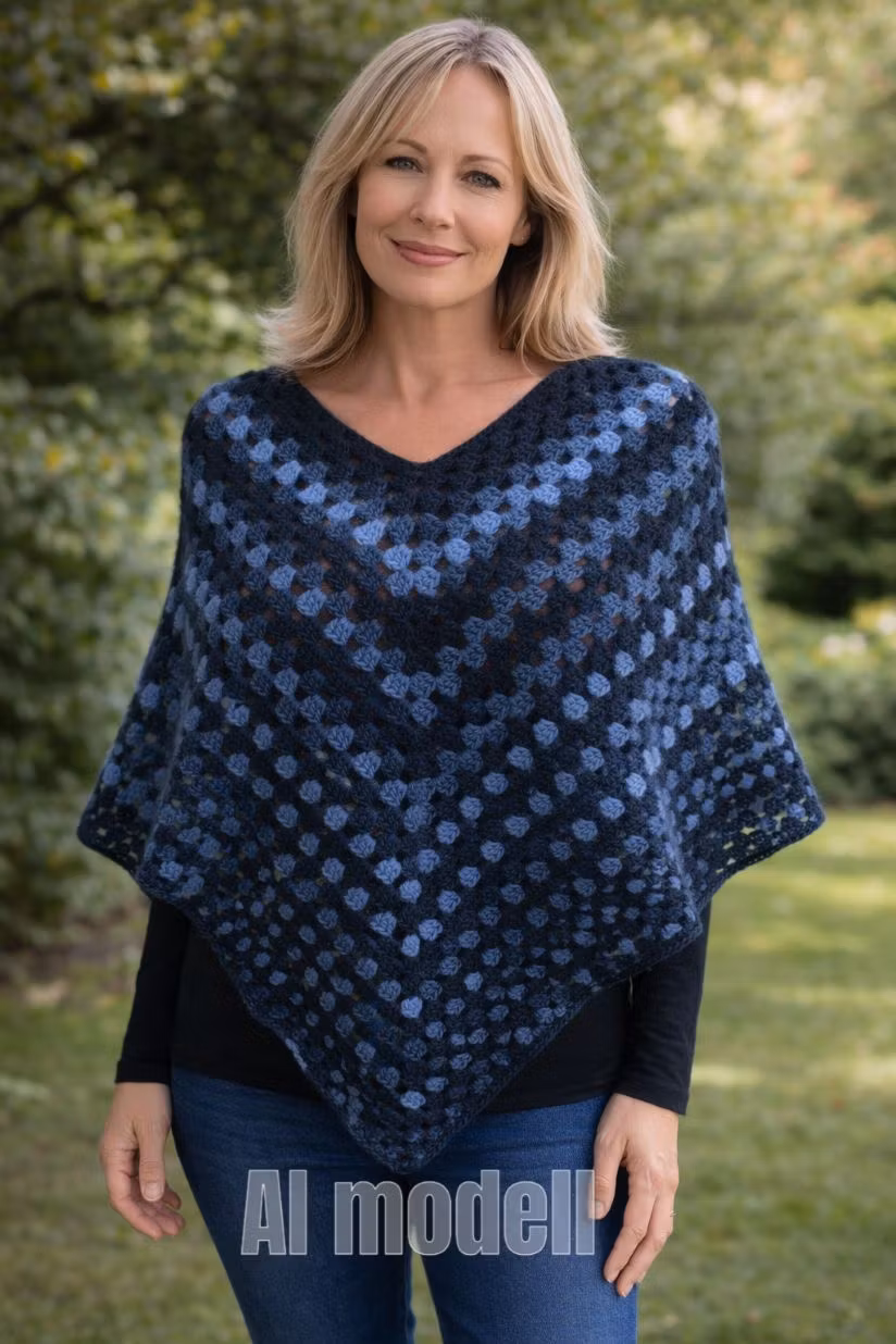 Blå handvirkad poncho i 100% akryl.