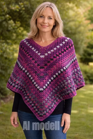 Vinröd Poncho i 100% akryl