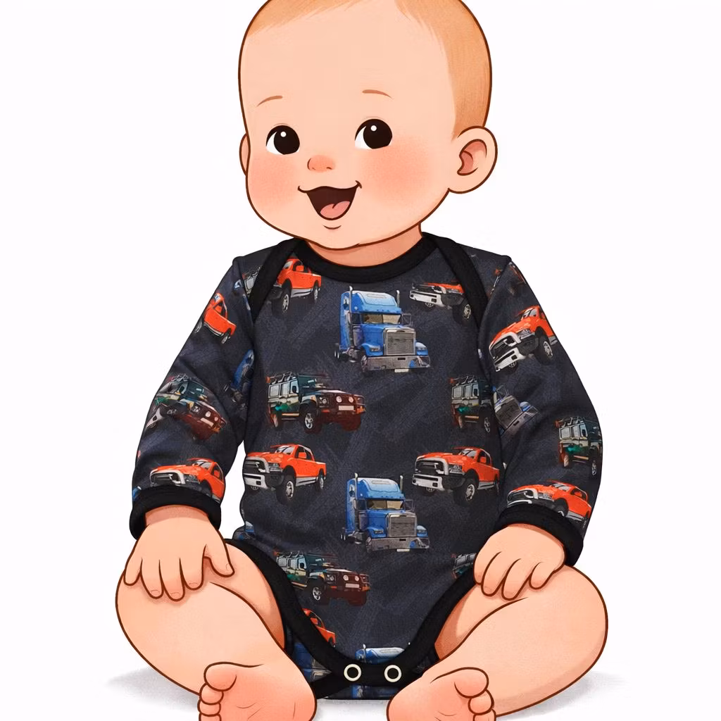 Ekologisk Babybody – Lastbilar | Babybody i mjuk ekologisk bomull
