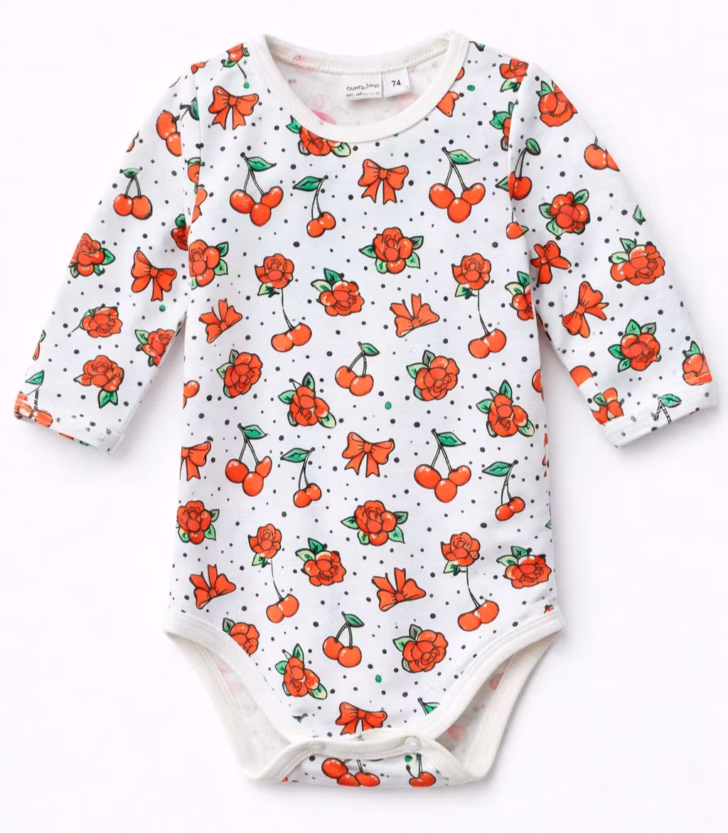 Babybody med rosor och körsbär – ekologisk (2:a sortering)