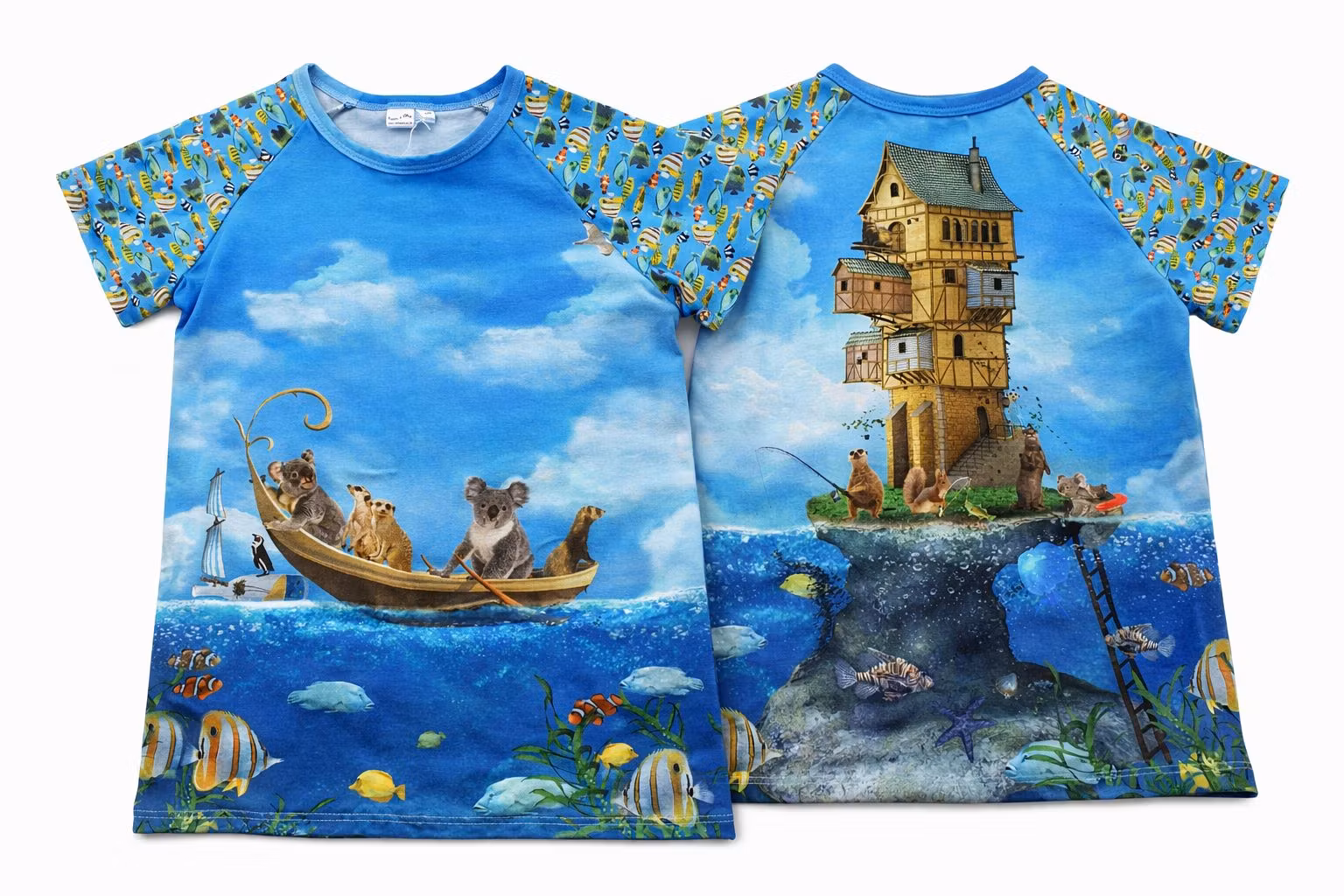 Barn T-shirt med djur i båt och hus på baksidan – ekologisk jersey