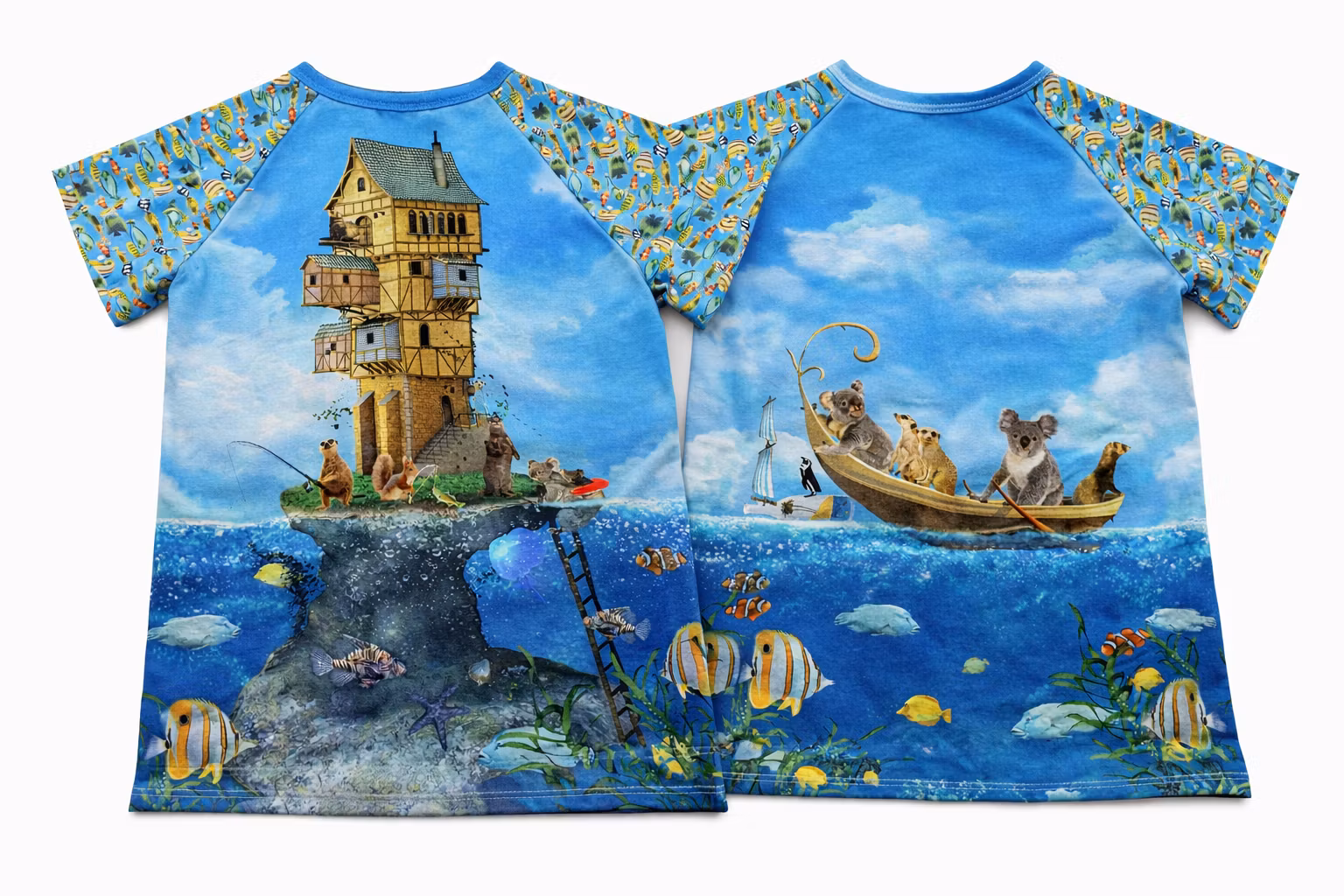 Barn T-shirt med hus på framsidan och djur i båt på baksidan – ekologisk jersey